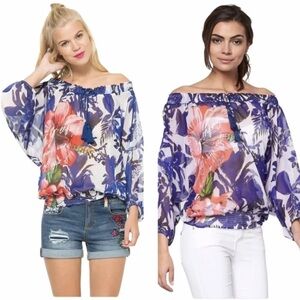 Desigual Tie Front Peasant Blouse Blue Multicoloured Julieta floral vacation Sm